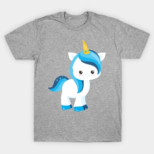 Cute Unicorn, Winter, Snowflakes, Magic Unicorn T-Shirt by Jelena Dunčević